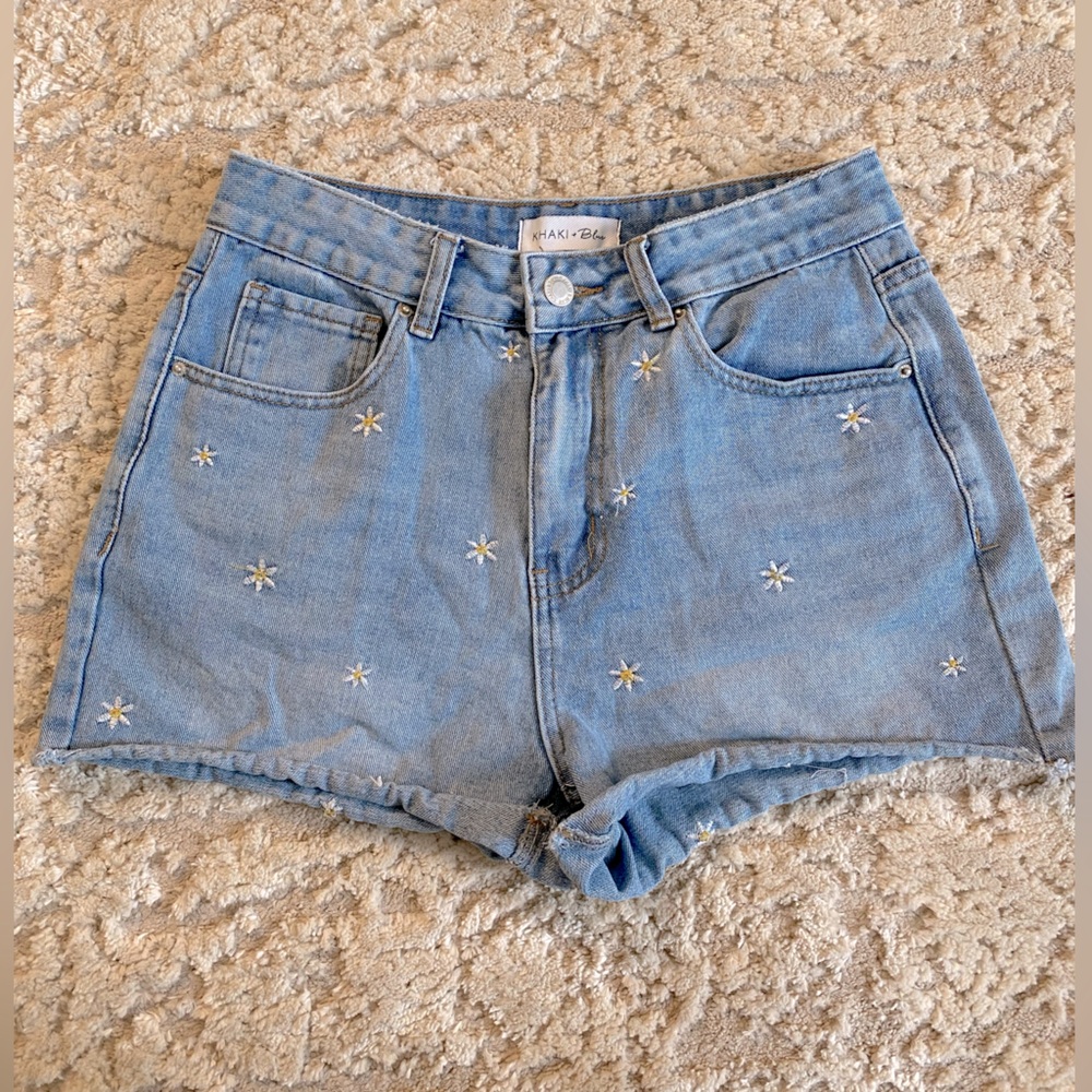 Khaki & blue denim shorts